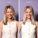 Vorher-Nachher-Vergleich von blondem Haar nach Anwendung einer Anti-Gelbstich Maske – sichtbar neutralisierter Gelbstich und kühlerer Blondton.