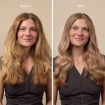 Vorher-Nachher-Vergleich von langem blondem Haar, das nach der Anwendung von GLYNT MANGALA Beige Blond gleichmäßiger, sanft beigefarben und glänzender wirkt