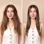 Vorher-Nachher-Vergleich: ungeordnetes, frizziges Haar und geglättete Längen nach der Anwendung einer Anti Frizz Creme