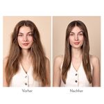 Vorher-Nachher-Vergleich: ungeordnetes, frizziges Haar und geglättete Längen nach der Anwendung einer Anti Frizz Creme