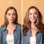 Vorher-Nachher Vergleich einer Frau mit glattem, leicht fettigem Haar und nach Anwendung von Trockenshampoo Schaum sichtbar frischerem, voluminöserem Haar mit mehr Fülle am Ansatz