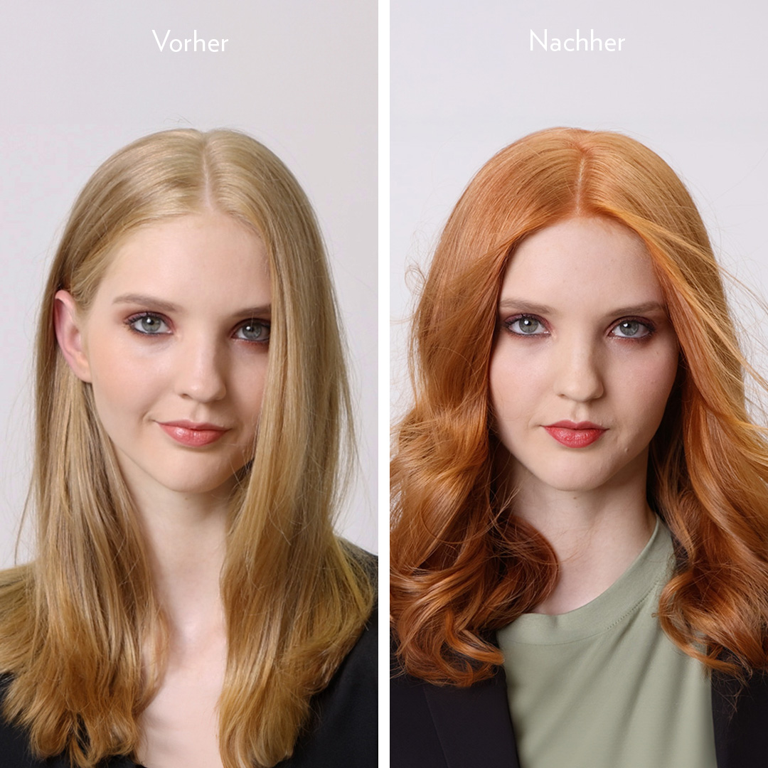 Vorher-Nachher Ergebnis mit GLYNT MANGALA Copper: blonde Haare vor der Anwendung, danach strahlend kupferrote Haare mit intensivem Glanz und lebendiger Farbauffrischung.