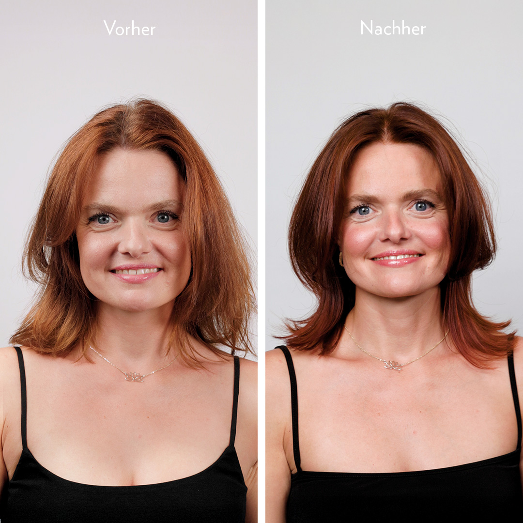 Vorher-Nachher Ergebnis mit GLYNT MANGALA Copper: matte rotbraune Haare vor der Anwendung, danach intensives Kupferbraun mit mehr Glanz, Tiefe und gepflegtem Look.