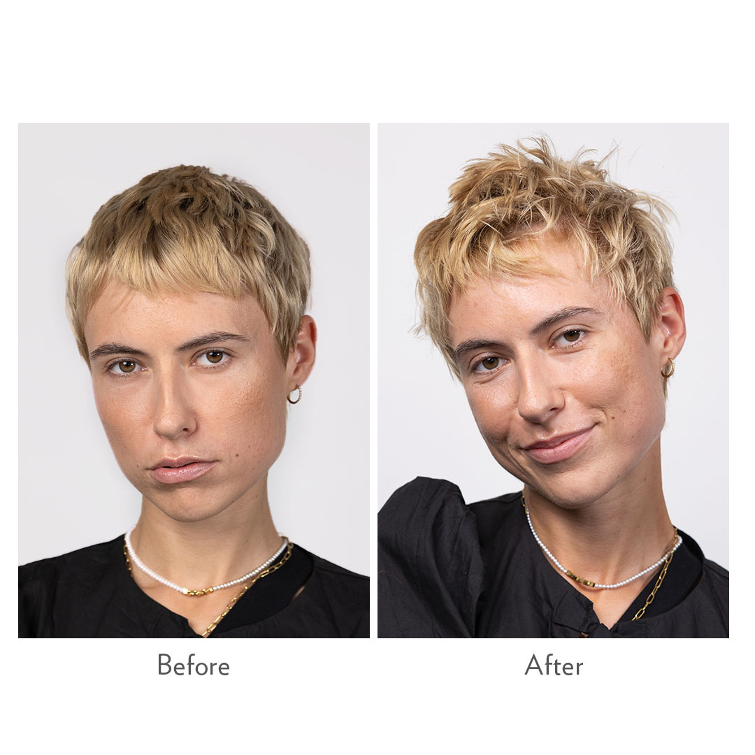 Vorher-Nachher Styling mit GRACE Texture Paste von GLYNT: kurzer Pixie-Haarschnitt vor der Anwendung und danach mit texturierter Struktur, Volumen und flexiblem Halt.