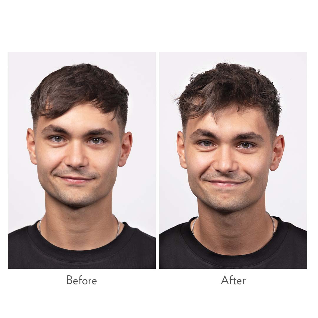 Vorher-Nachher Styling mit GRACE Texture Paste von GLYNT: kurzer Herrenhaarschnitt vor der Anwendung und danach mit natürlicher Textur, mehr Volumen und flexiblem Halt.