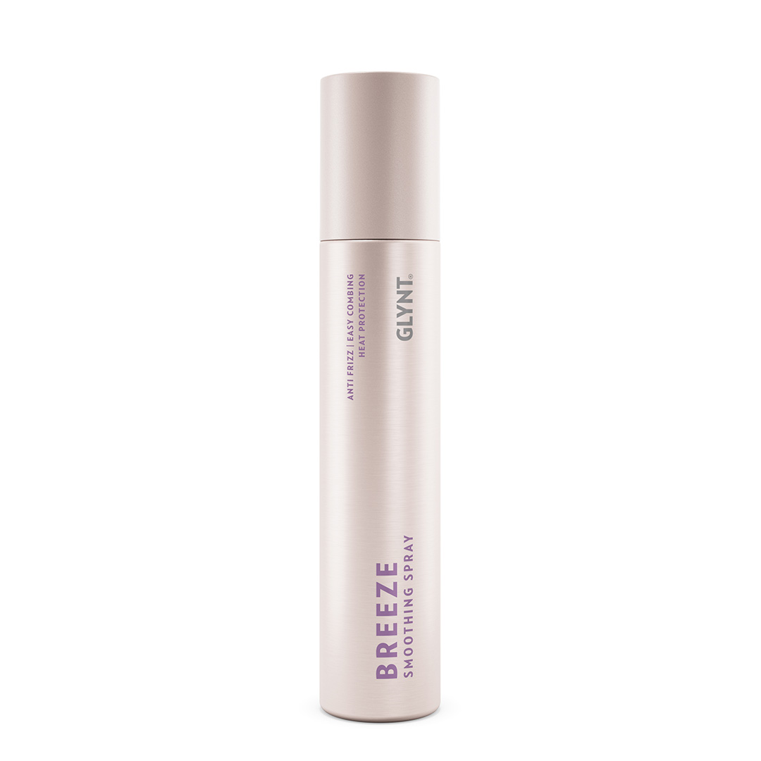 Hitzschutz Spray BREEZE Smoothing Spray von GLYNT in zylindrischer Flasche, hellrosa mit violettem Schriftzug, schützt das Haar vor Hitze, sorgt für Anti-Frizz-Effekt und erleichtert das Kämmen