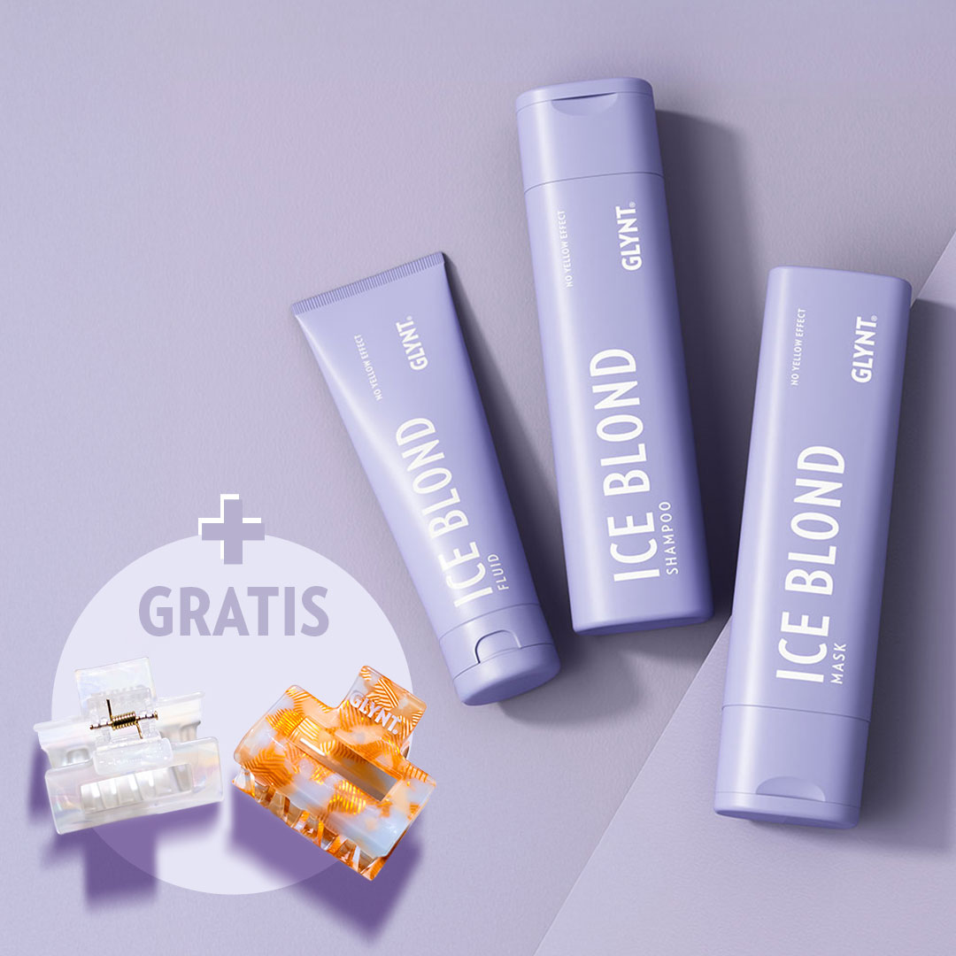 Anti-Gelbstich Maske, Silbershampoo und Pflegefluid der ICE BLOND Serie mit gratis Haarclips.