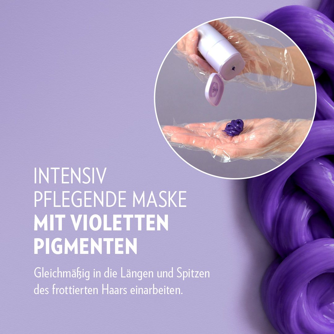 Anti-Gelbstich Maske mit violetten Pigmenten wird in der Hand dosiert