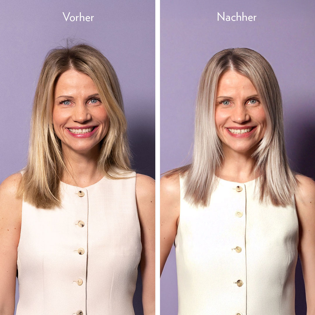 Vorher-Nachher-Vergleich von blondem Haar nach Anwendung einer Anti-Gelbstich Maske – sichtbar neutralisierter Gelbstich und kühlerer Blondton.