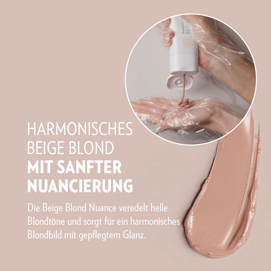 Beigefarbene Textur der GLYNT MANGALA Beige Blond Farbkur neben einer Detailaufnahme, in der das Produkt aus der Tube auf einen behandschuhten Handrücken gegeben wird