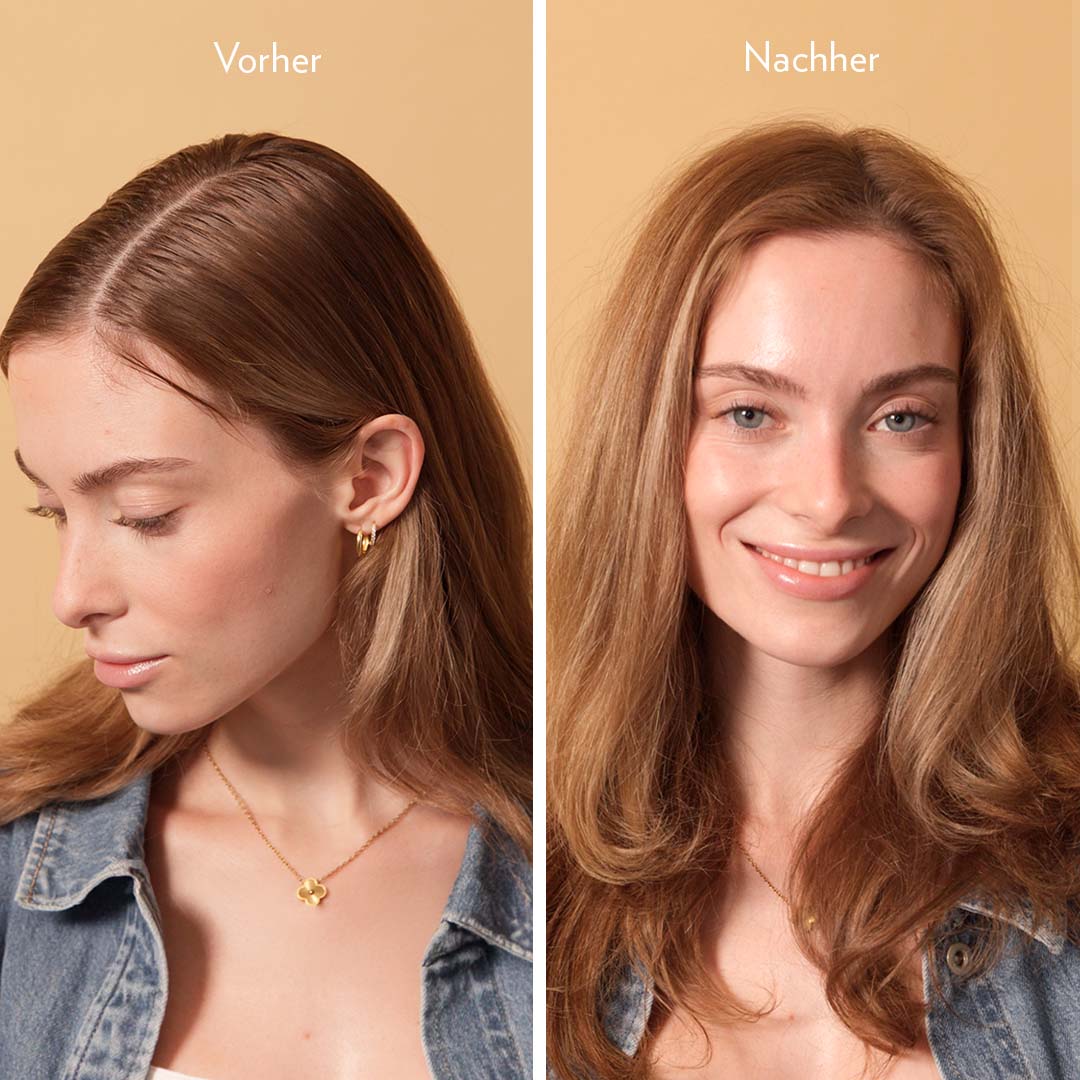 Vorher-Nachher Vergleich einer Frau mit glattem, leicht fettigem Haar und nach Anwendung von Trockenshampoo Schaum sichtbar frischerem, voluminöserem Haar mit mehr Fülle am Ansatz