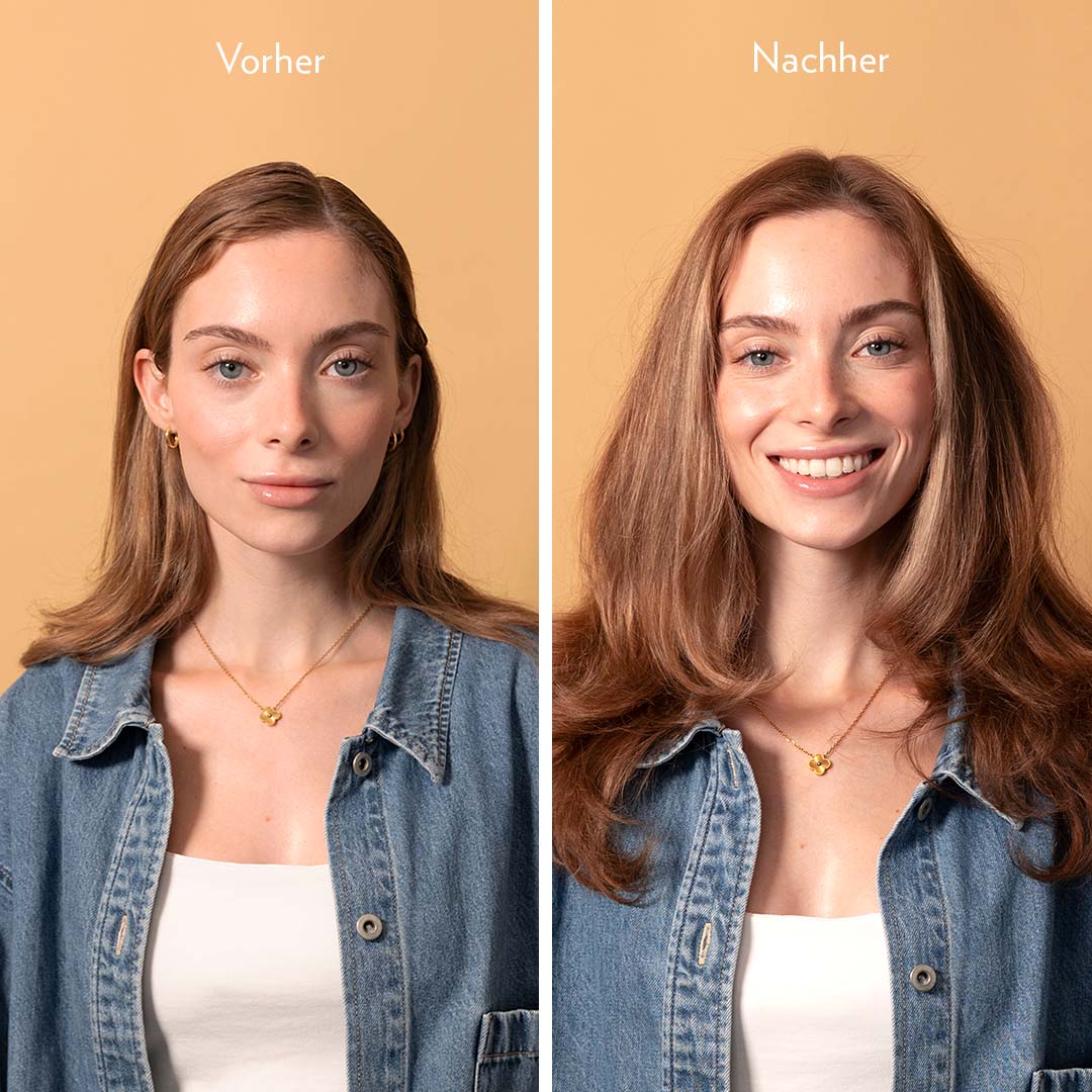 Vorher-Nachher Vergleich einer Frau mit glattem, leicht fettigem Haar und nach Anwendung von Trockenshampoo Schaum sichtbar frischerem, voluminöserem Haar mit mehr Fülle am Ansatz