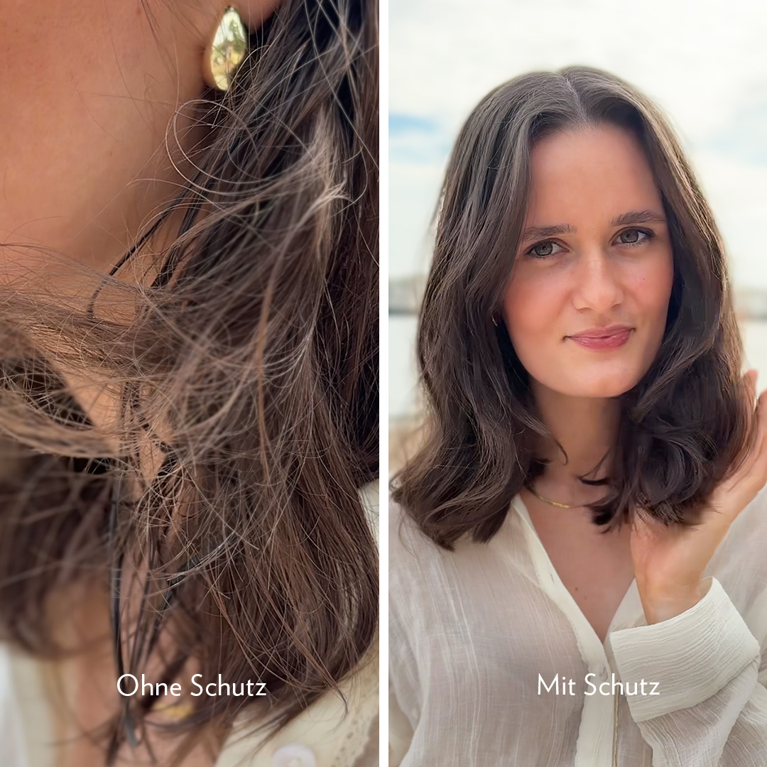 Haarvergleich ohne und mit Schutz: glattes, gepflegtes Haar mit Schutz gegenüber frizzigem Haar ohne Schutz.
